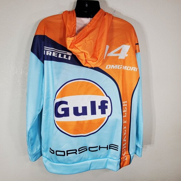 Gulf Porsche 2XL Pull Over Hoodie Sweatshirt Kangaroo Pouch Light Blue & Orange - Picture 6 of 11